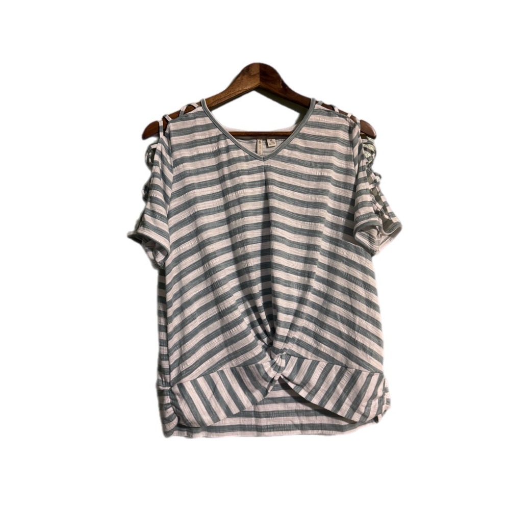 Cato Striped Twist Front Top Womens Medium Blue White Excellent Lattice Sleeve